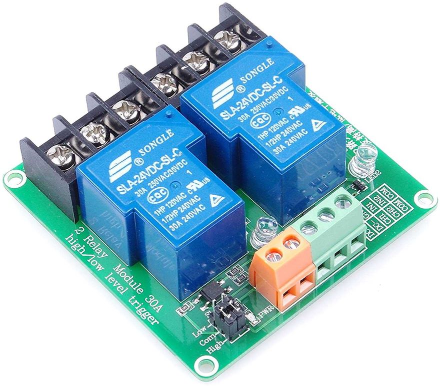 Dual 30A 5V relay module product image for electronics and prototyping use